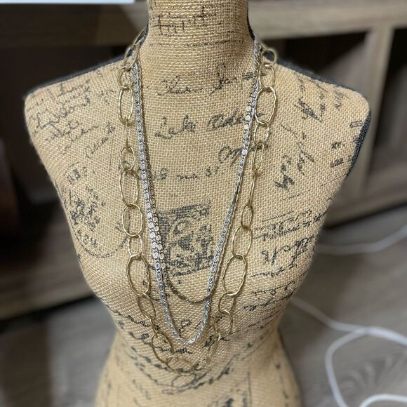 Rare Lucky Brand Gold Silver Multi Chain Long Hammered Links Statement Necklace - Picture 2 of 10